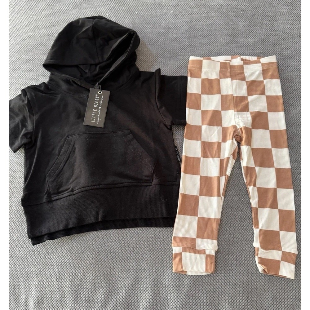 Little Bipsy Hoodie + Rebel Bro Check Leggings 12-18M NWT NWOT Neutral Outfit